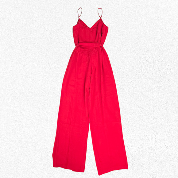 Dress the Population Red Rouge Stevie V Neck Wide Leg Belt Jumpsuit Size Medium - Picture 15 of 15